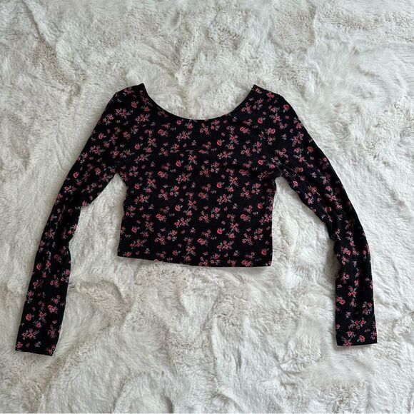 Vintage? forever 21 black with floral long sleeve low back top - Picture 1 of 4